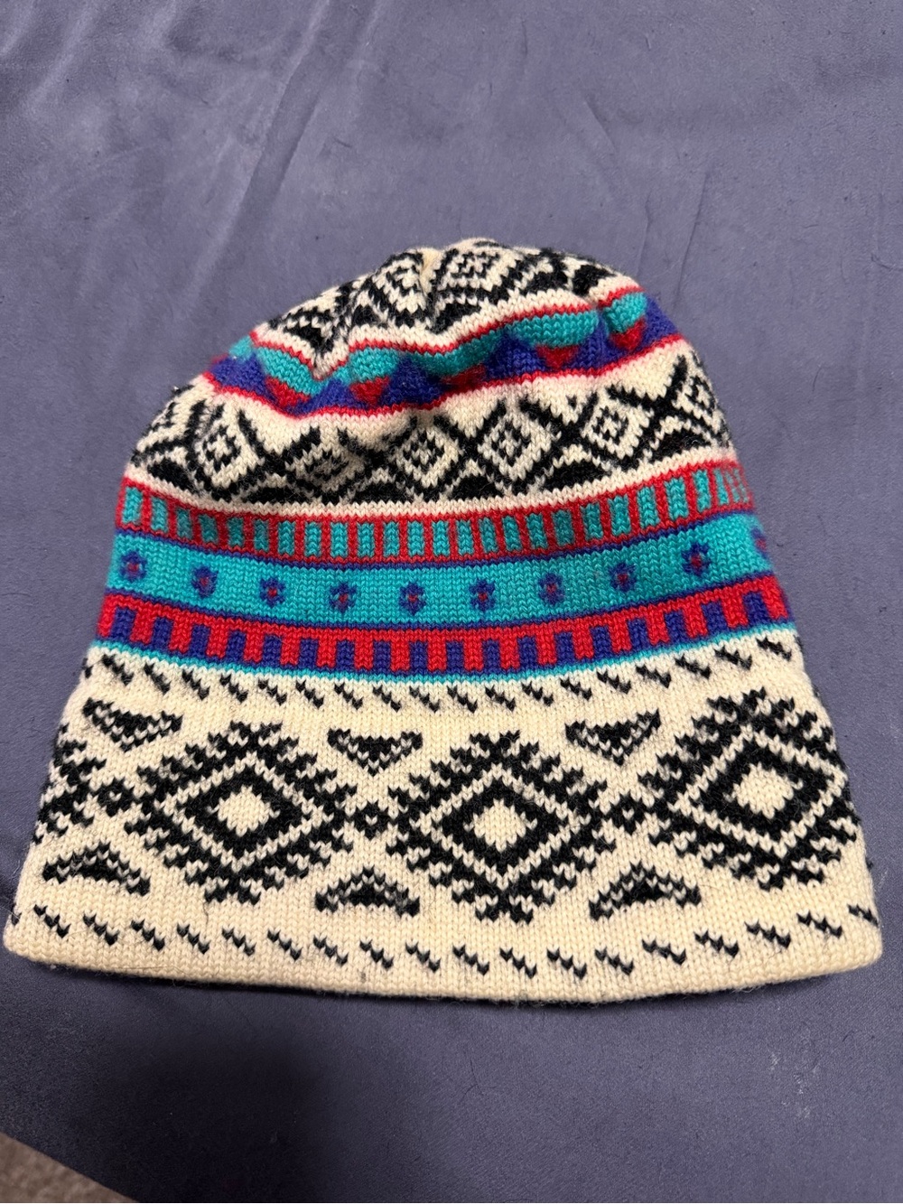 Columbia Cream Black Turquoise Pink Patterned Knit Beanie